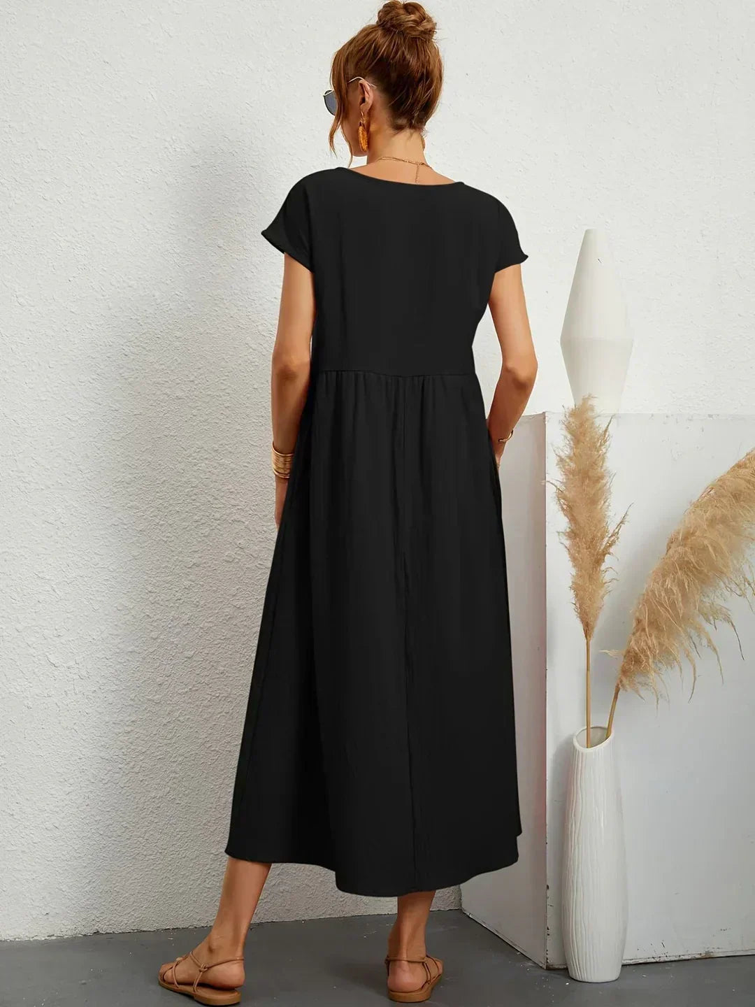 Women’s Short Sleeve Midi Dress with Relaxed A-Line Silhouette