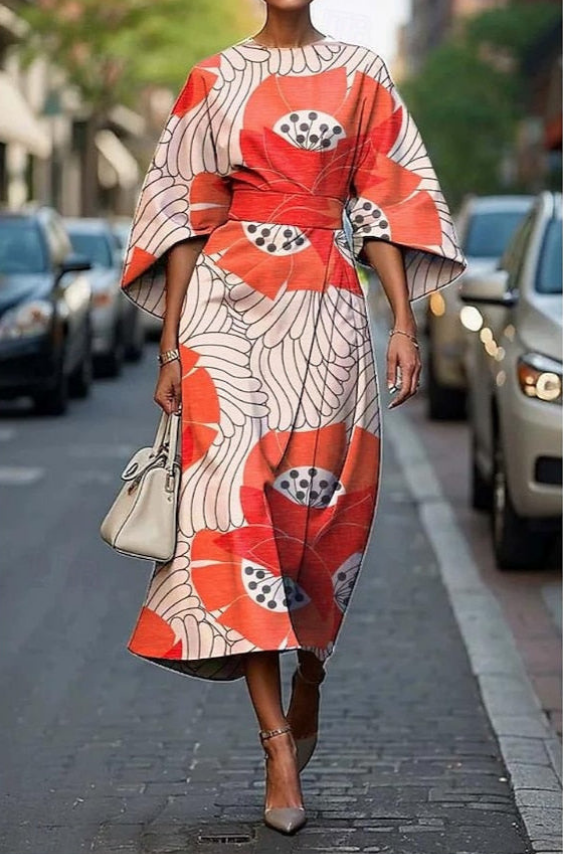 Women's Elegant Kimono Sleeve Midi Dress