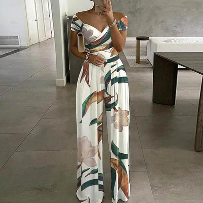 Women’s Off Shoulder Floral Wide Leg Jumpsuit Summer Outfit