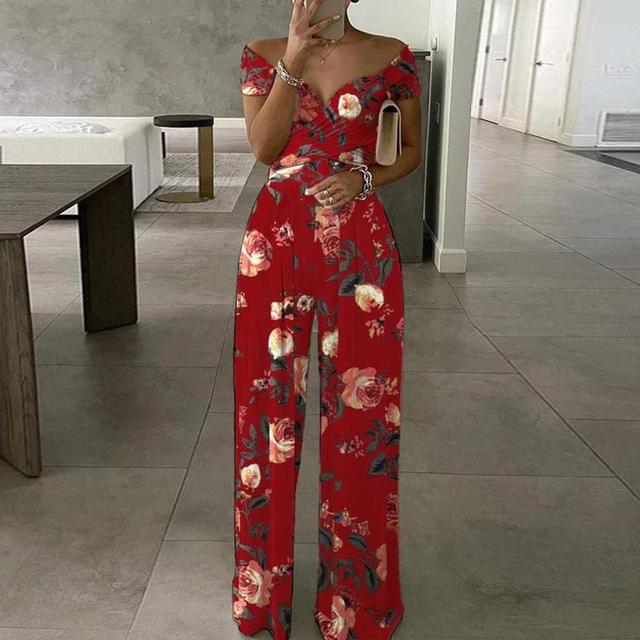 Women’s Off Shoulder Floral Wide Leg Jumpsuit Summer Outfit
