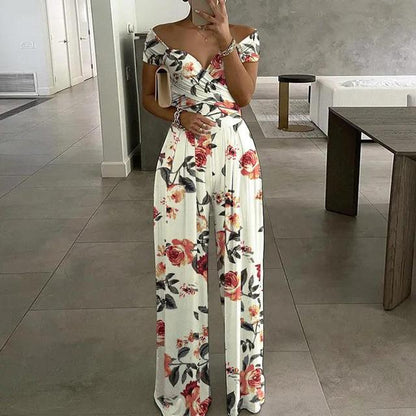 Women’s Off Shoulder Floral Wide Leg Jumpsuit Summer Outfit