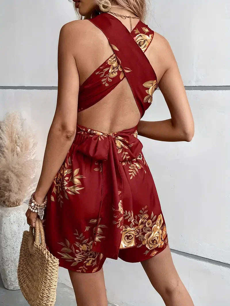 Women’s Floral Dress Style Romper with Open Back