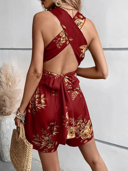 Women’s Floral Dress Style Romper with Open Back