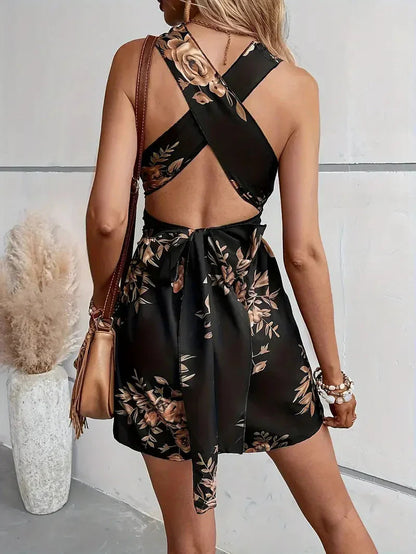 Women’s Floral Dress Style Romper with Open Back