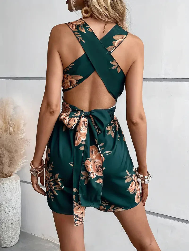 Women’s Floral Dress Style Romper with Open Back