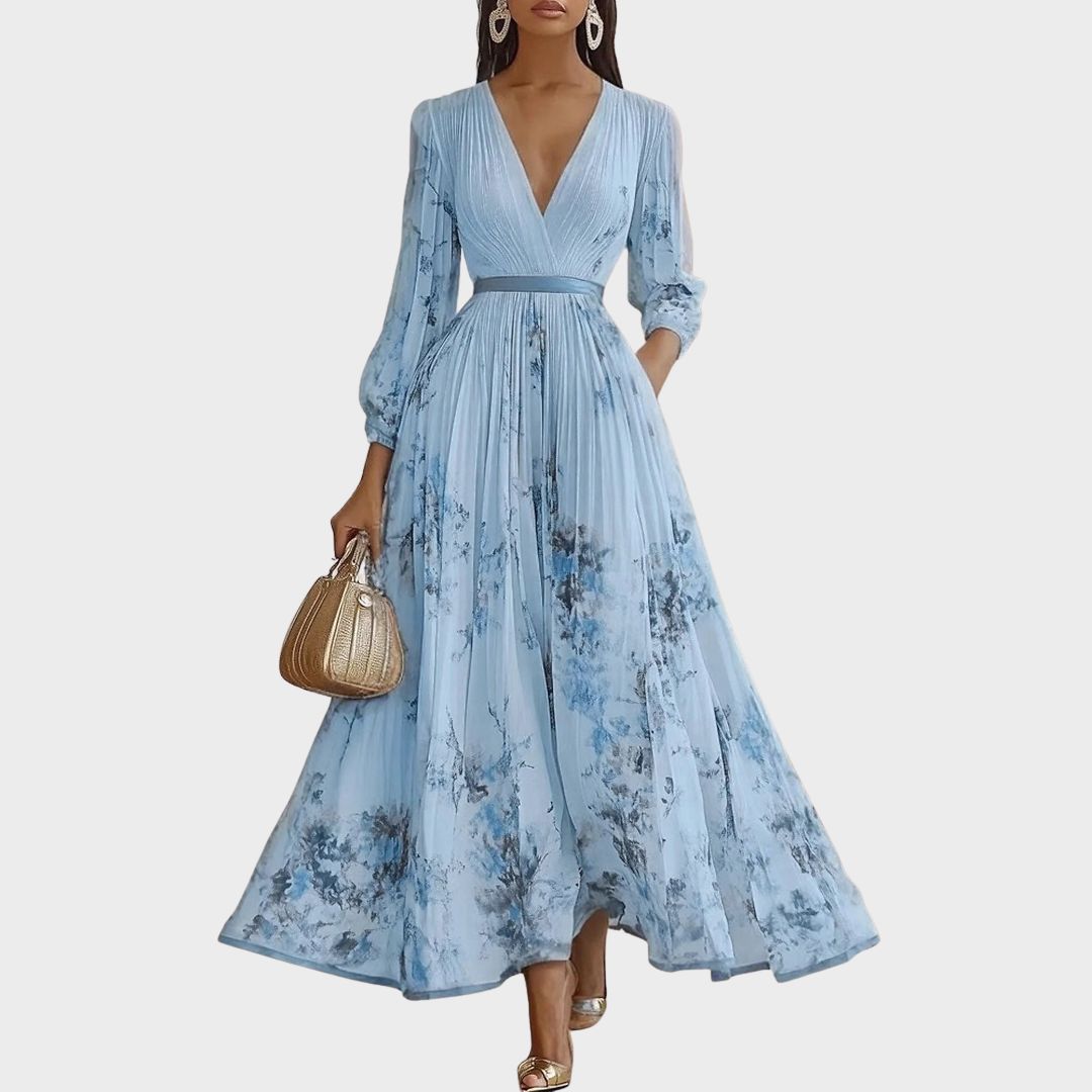 Pleated Maxi Dress with Long Sleeves for Women