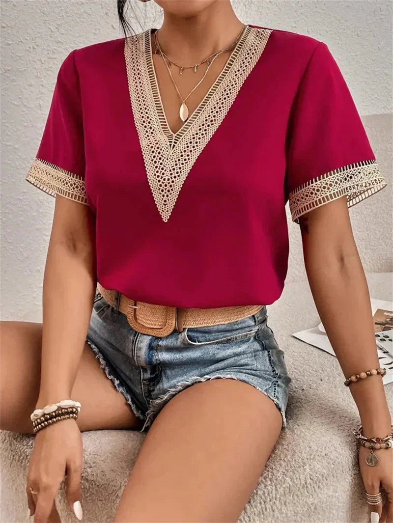 Women’s Elegant V-Neck Blouse with Contrast Trim