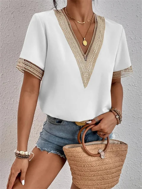Women’s Elegant V-Neck Blouse with Contrast Trim