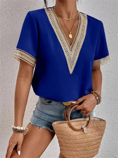 Women’s Elegant V-Neck Blouse with Contrast Trim