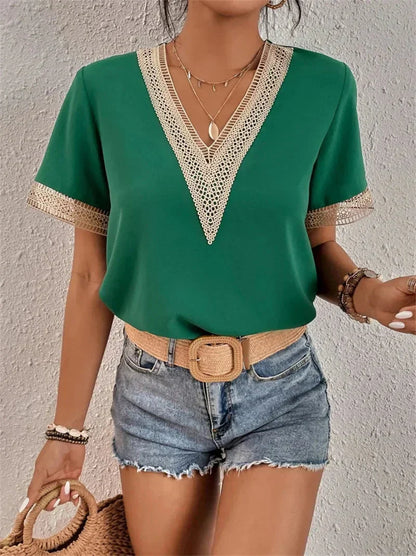 Women’s Elegant V-Neck Blouse with Contrast Trim