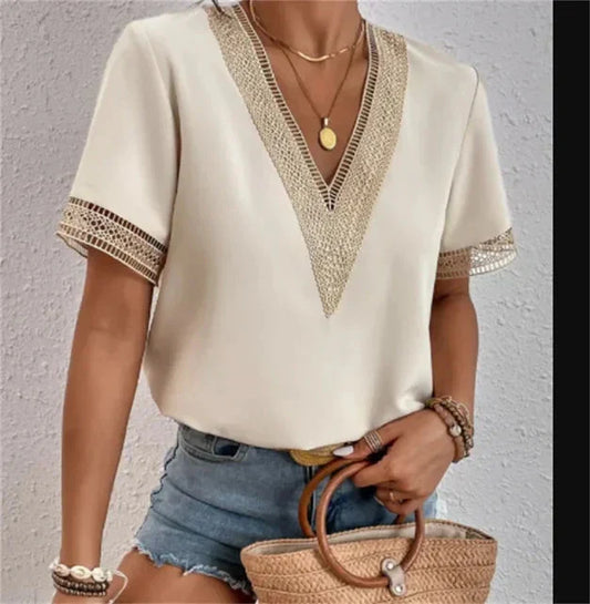 Women’s Elegant V-Neck Blouse with Contrast Trim