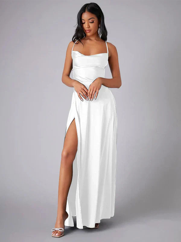 Alvaree Satin Maxi Evening Dress with High Slit and Open Back