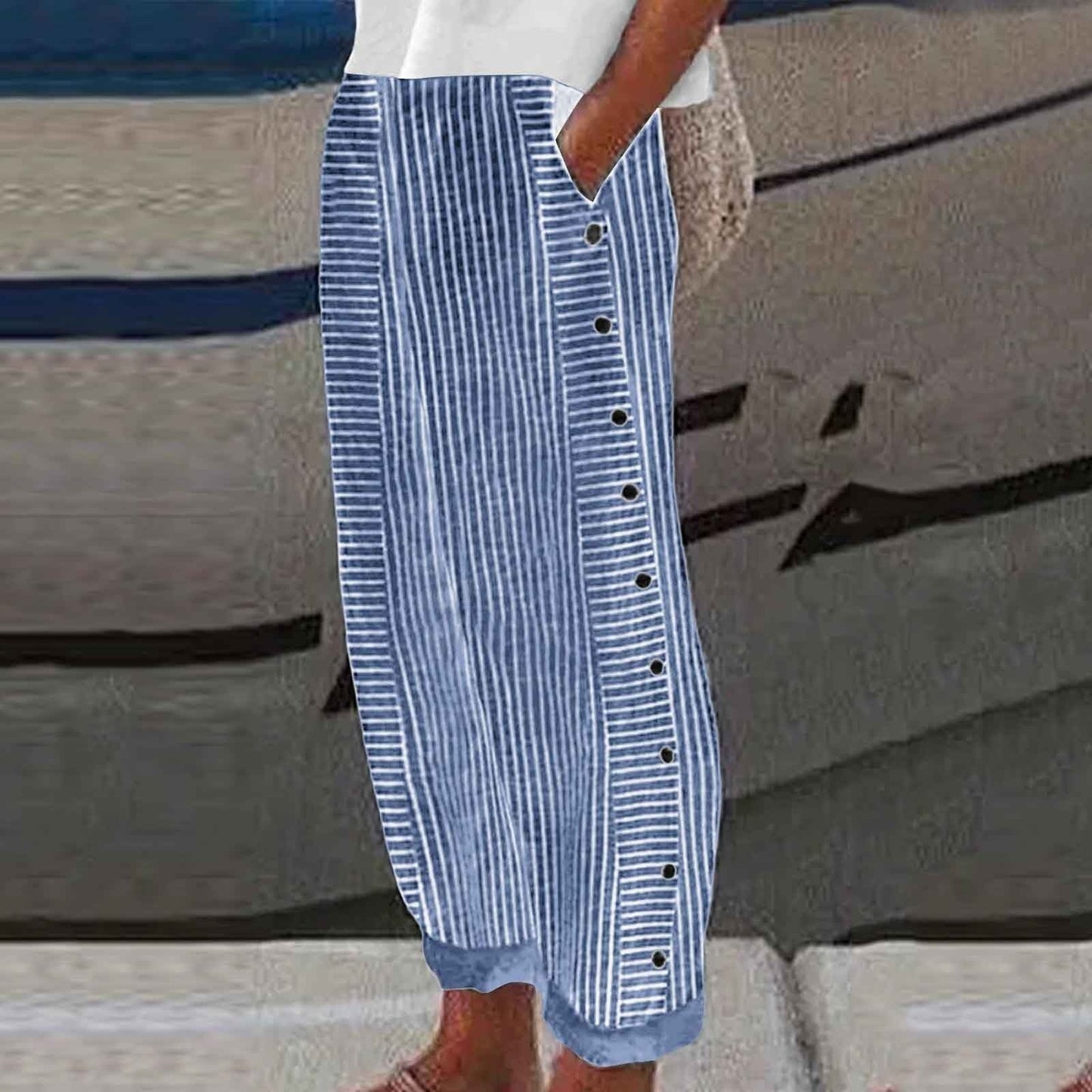 Sera Striped Linen Cotton Pants for Women, Casual