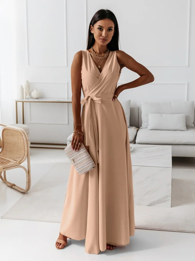 Sleeveless V-Neck Maxi Dress with Waist Tie
