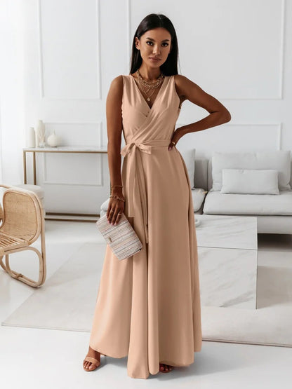 Sleeveless V-Neck Maxi Dress with Waist Tie