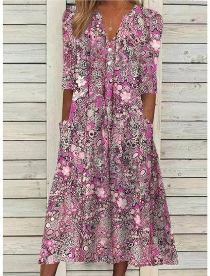 Bohemian Floral Print Midi Dress with Relaxed Fit