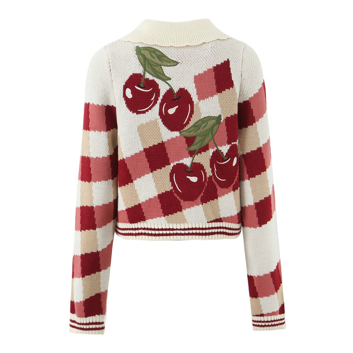 Women's Cropped Knit Cardigan with Cherry Floral Pattern