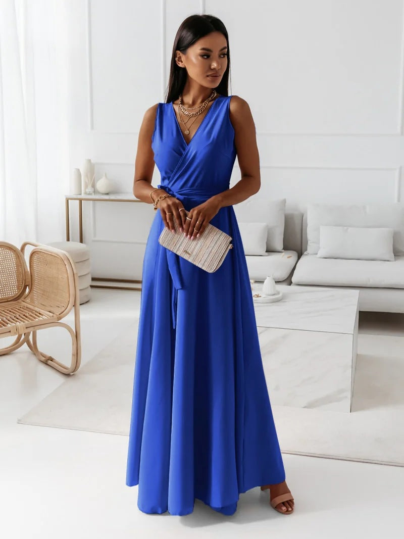 Sleeveless V-Neck Maxi Dress with Waist Tie