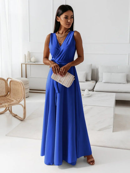 Sleeveless V-Neck Maxi Dress with Waist Tie