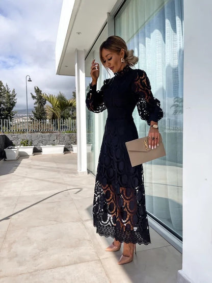 Women’s Long Sleeve Lace Midi Dress with Scalloped Hem Detail