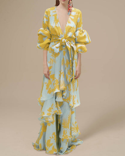 Statement Floral Ruffle Maxi Dress with Belt