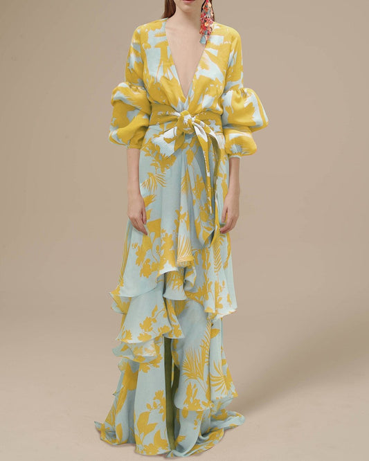 Statement Floral Ruffle Maxi Dress with Belt
