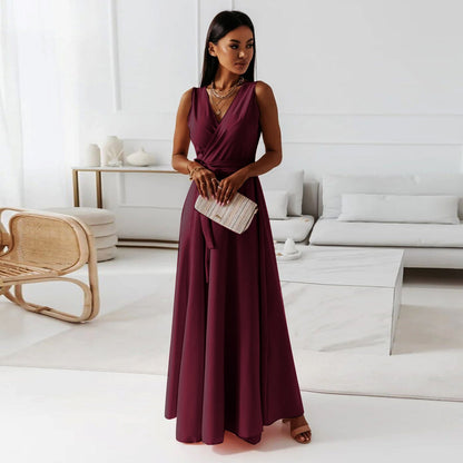 Sleeveless V-Neck Maxi Dress with Waist Tie