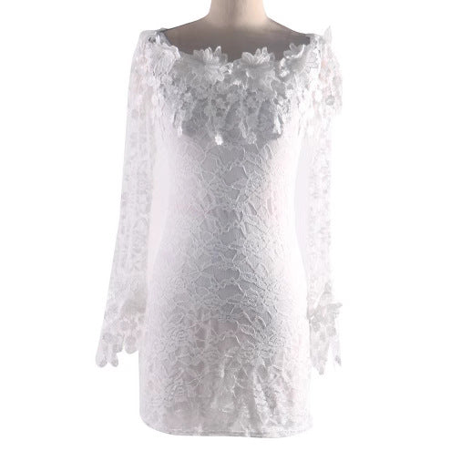 Women's Off-Shoulder Floral Lace Bodycon Mini Dress with Sheer Long Sleeves
