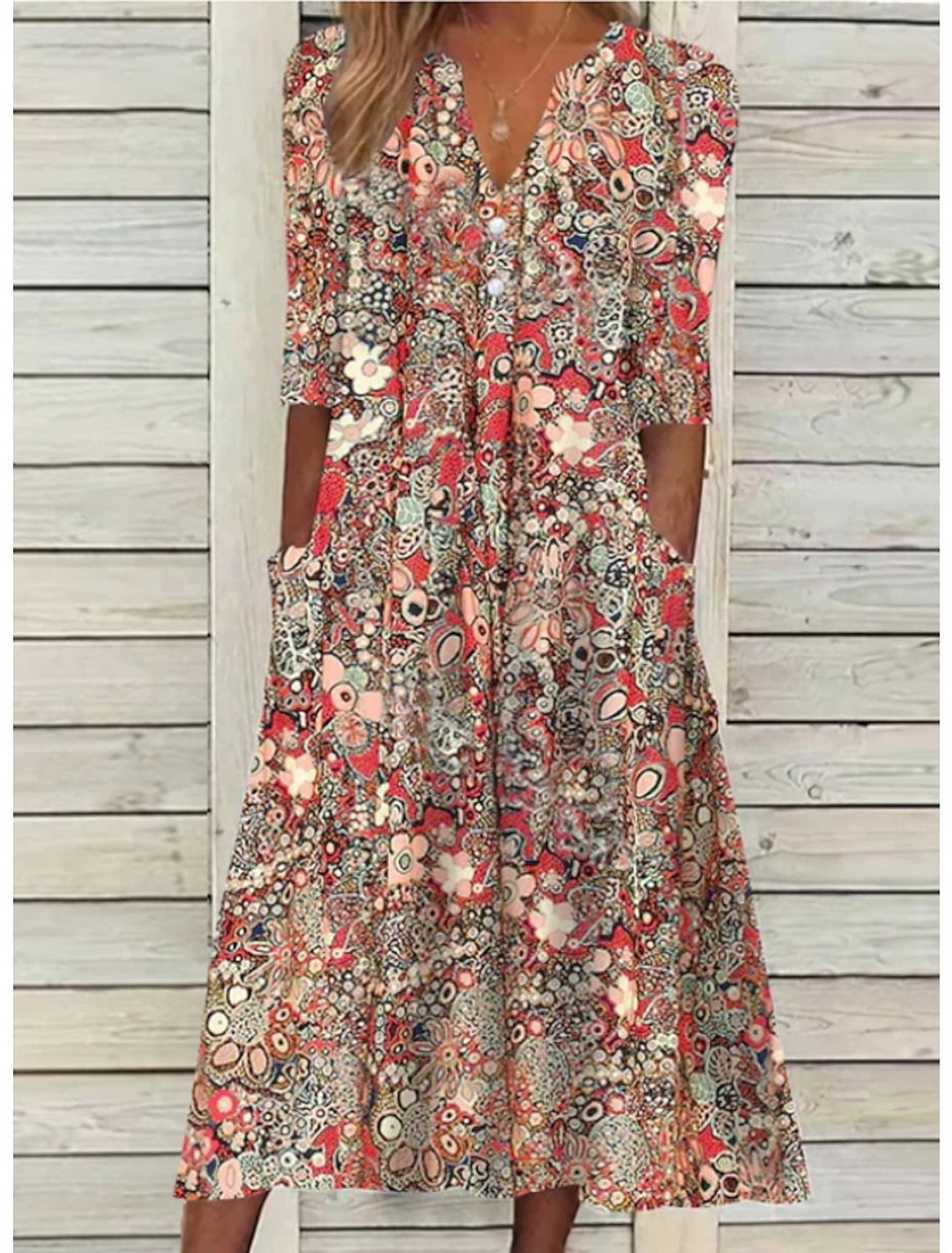 Bohemian Floral Print Midi Dress with Relaxed Fit