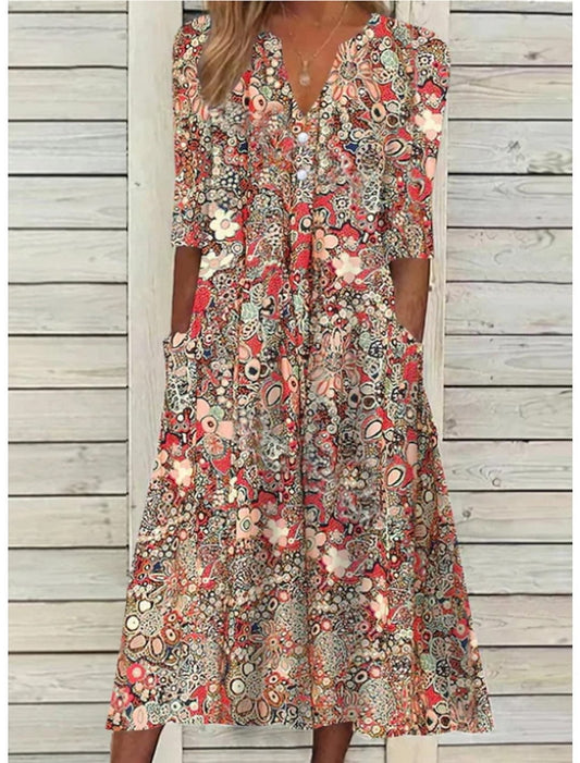 Bohemian Floral Print Midi Dress with Relaxed Fit