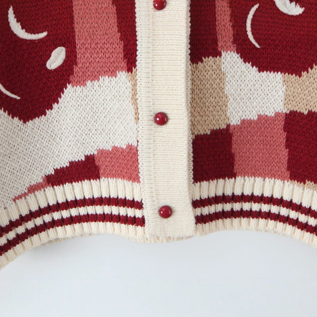 Women's Cropped Knit Cardigan with Cherry Floral Pattern