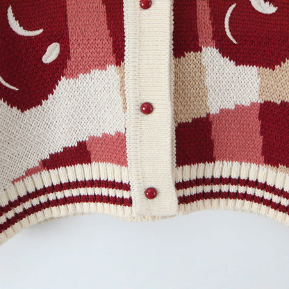 Women's Cropped Knit Cardigan with Cherry Floral Pattern