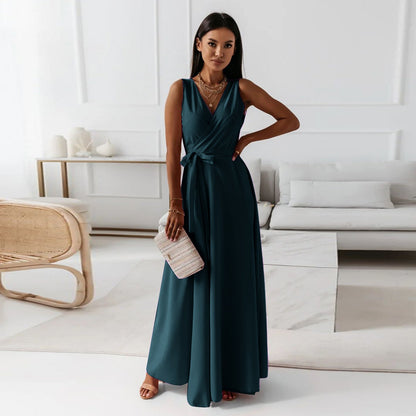 Sleeveless V-Neck Maxi Dress with Waist Tie