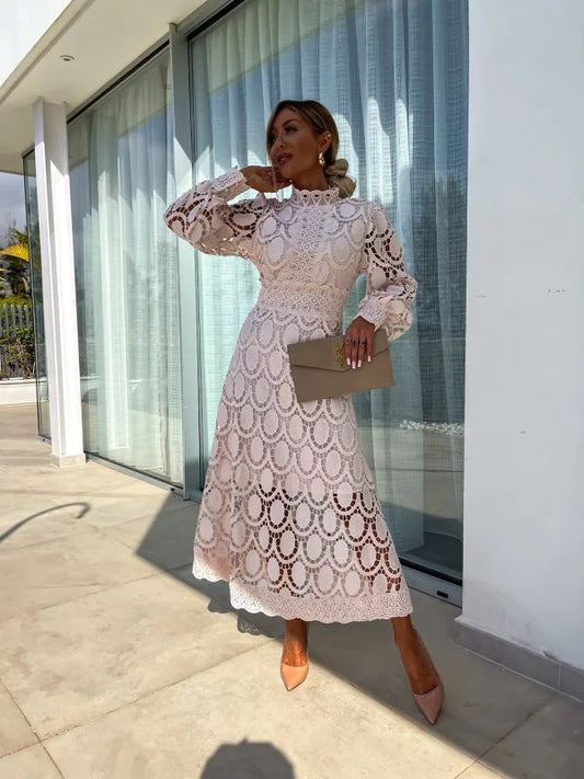 Women’s Long Sleeve Lace Midi Dress with Scalloped Hem Detail