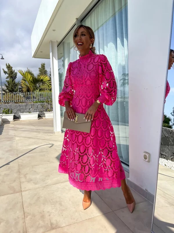 Women’s Long Sleeve Lace Midi Dress with Scalloped Hem Detail