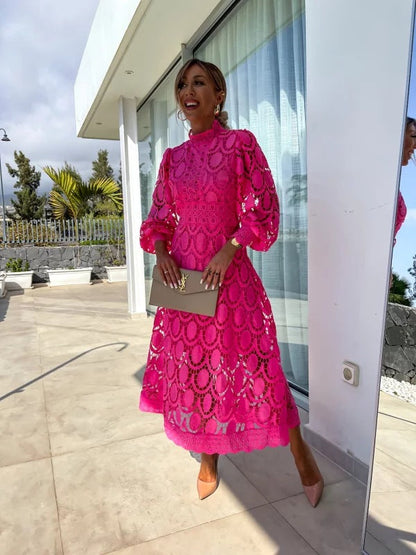 Women’s Long Sleeve Lace Midi Dress with Scalloped Hem Detail