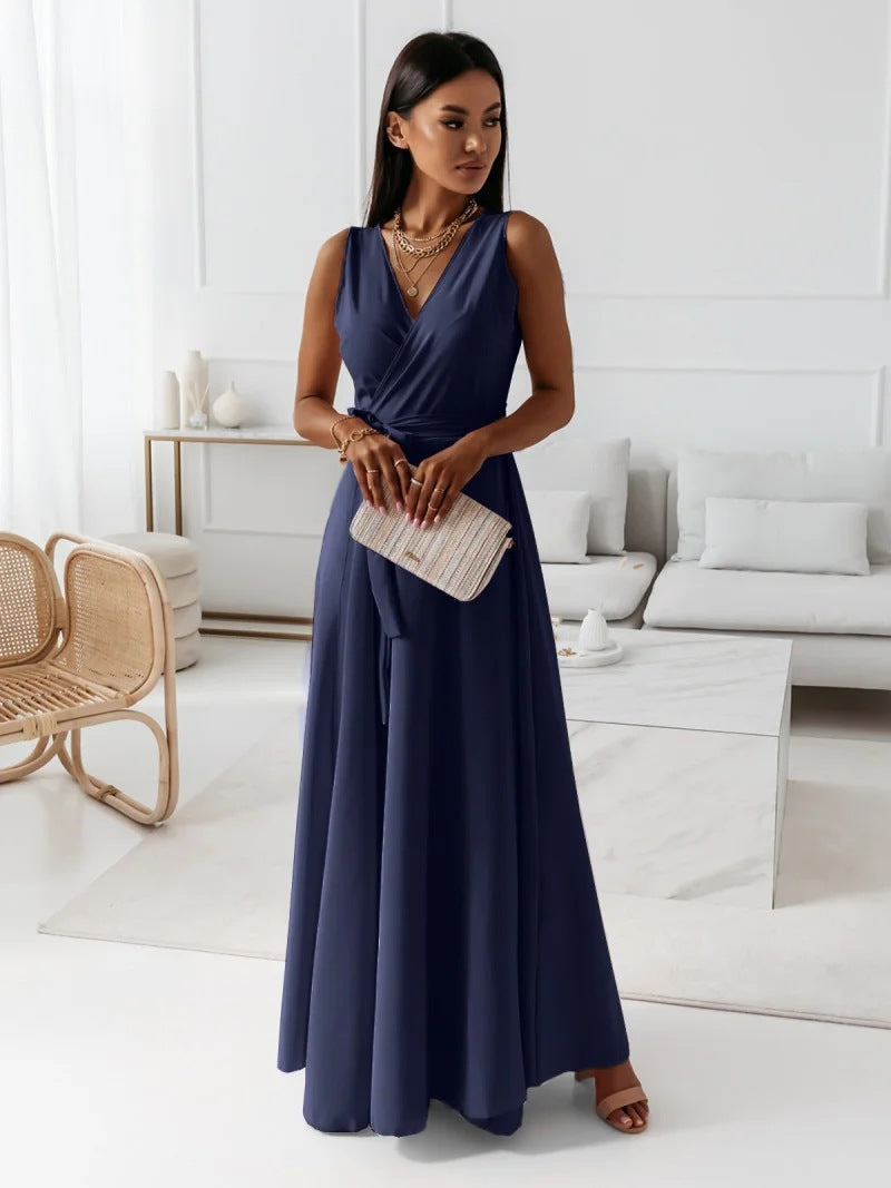 Sleeveless V-Neck Maxi Dress with Waist Tie