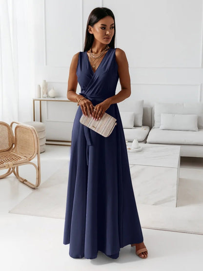 Sleeveless V-Neck Maxi Dress with Waist Tie