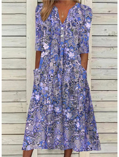 Bohemian Floral Print Midi Dress with Relaxed Fit