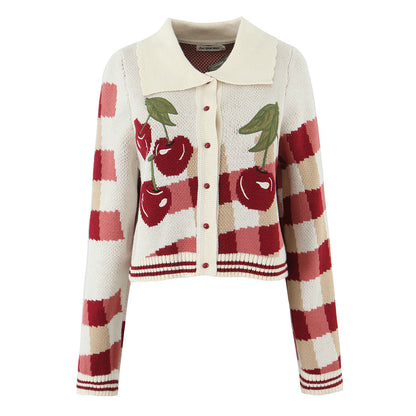 Women's Cropped Knit Cardigan with Cherry Floral Pattern
