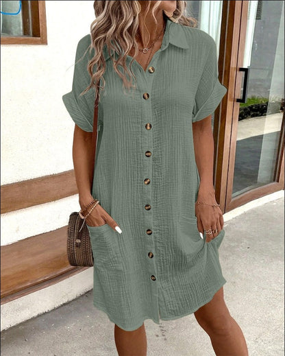 Relaxed Button-Front Pocket Shirt Dress for Women