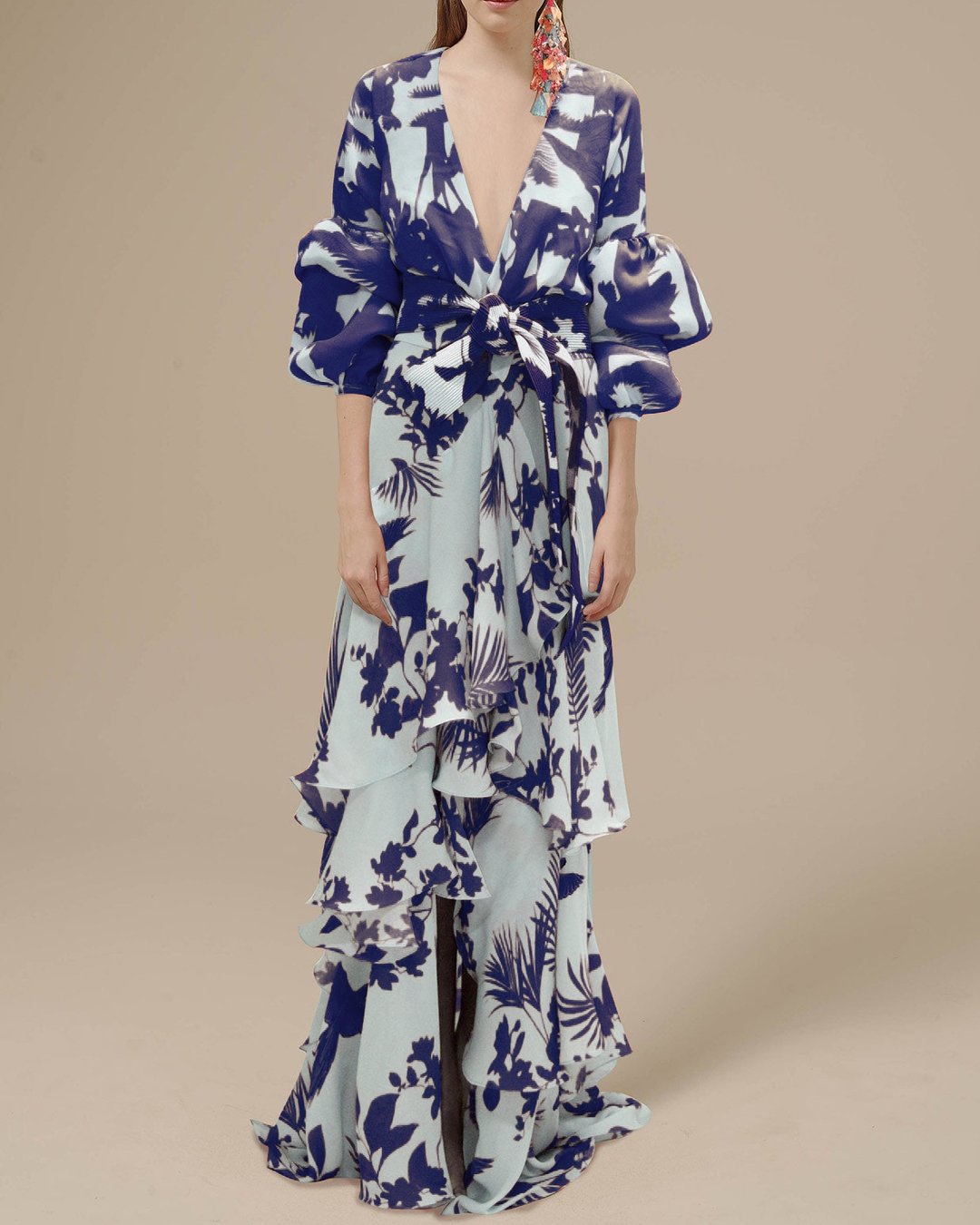 Statement Floral Ruffle Maxi Dress with Belt