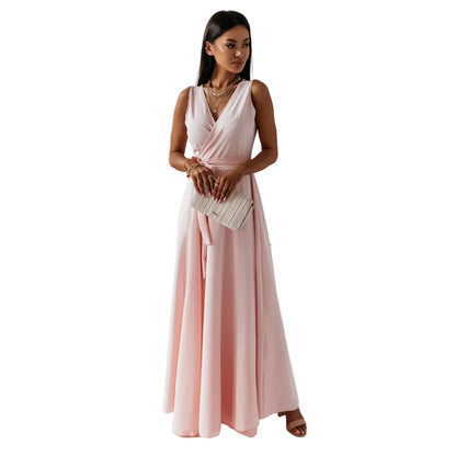 Sleeveless V-Neck Maxi Dress with Waist Tie