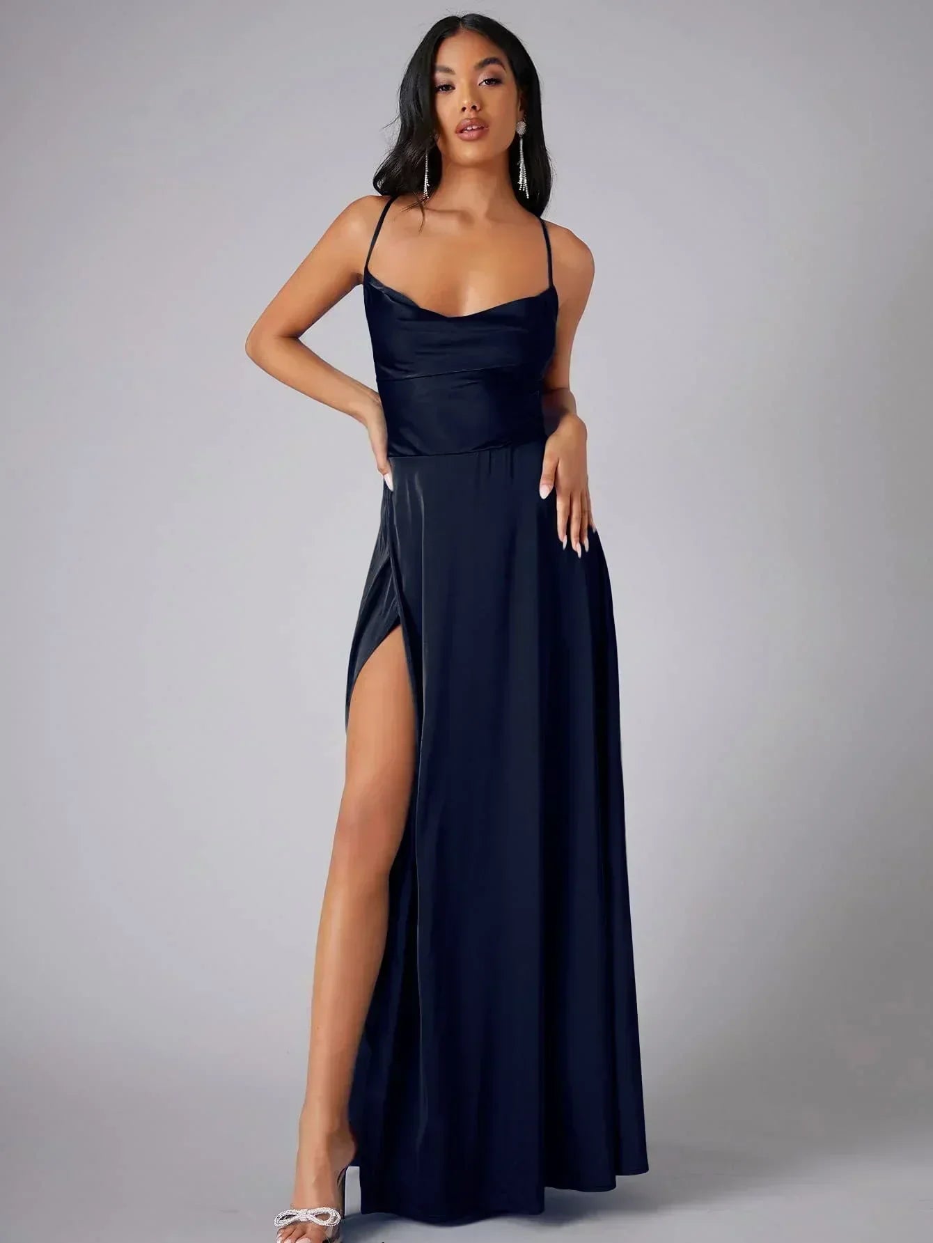 Alvaree Satin Maxi Evening Dress with High Slit and Open Back