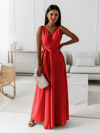 Sleeveless V-Neck Maxi Dress with Waist Tie