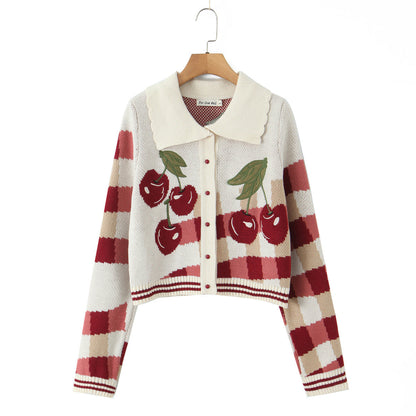 Women's Cropped Knit Cardigan with Cherry Floral Pattern