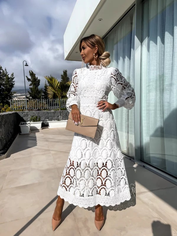 Women’s Long Sleeve Lace Midi Dress with Scalloped Hem Detail
