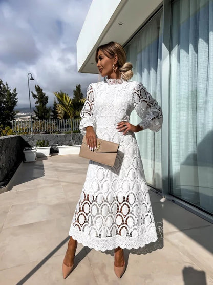 Women’s Long Sleeve Lace Midi Dress with Scalloped Hem Detail