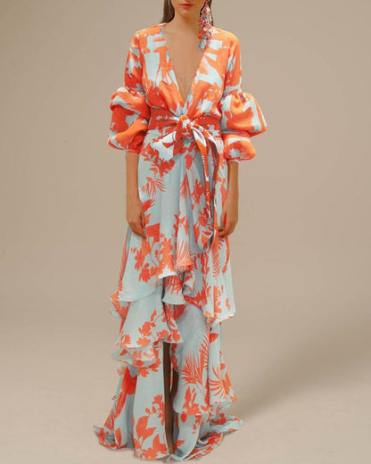 Statement Floral Ruffle Maxi Dress with Belt