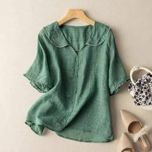 Vintage Button Blouse with Scalloped Collar for Women